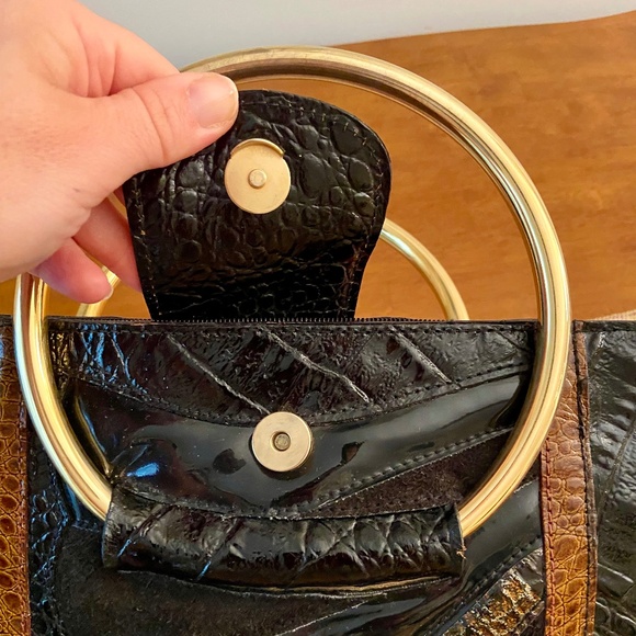 Vintage Faux Croc Handbag Gold Ring Handles - Picture 4 of 9